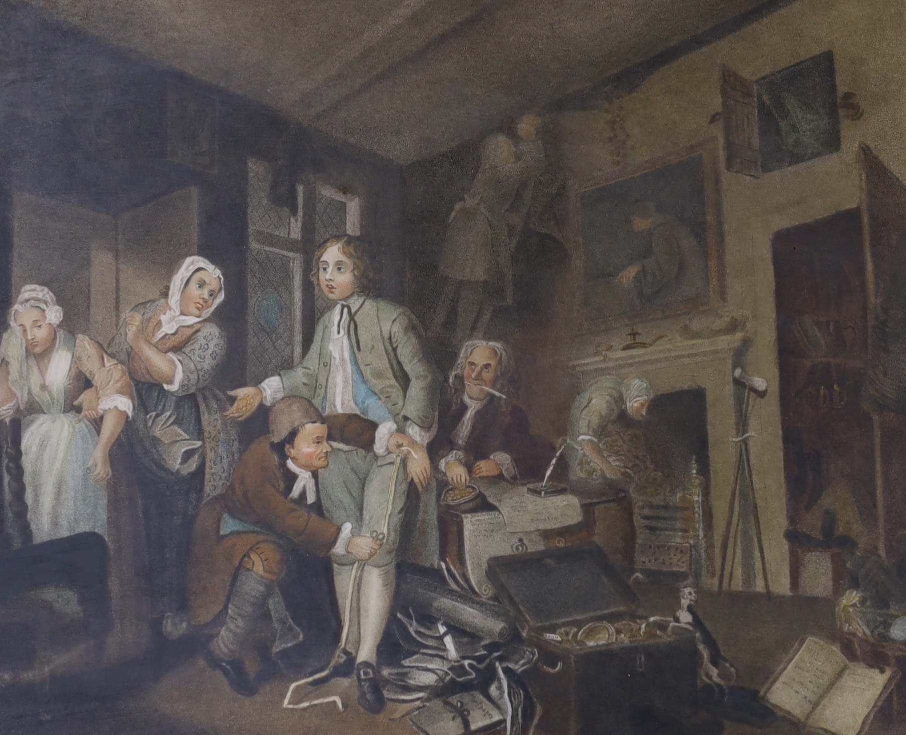 Edward Jackson Stodart (1879-1934) - After William Hogarth (1607-1764), set of twelve pencil signed hand coloured stipple engravings including 'A Rake's Progress', each with details verso, 34 x 40cm